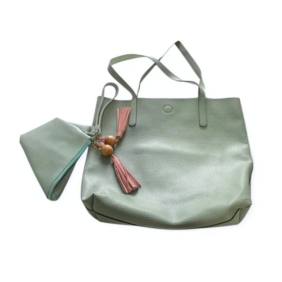 Vegan Leather Tote Bag with Triangle Pouch.  Blue/Seafoam - Picture 1 of 11
